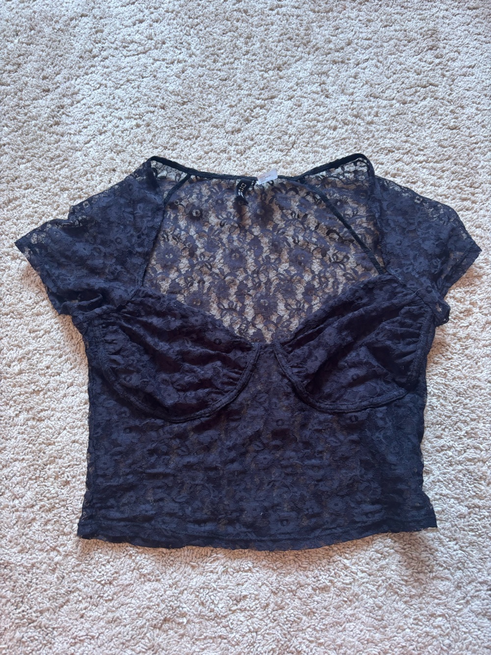 H&M Black Lace Short-Sleeve Sheer Crop Camisole